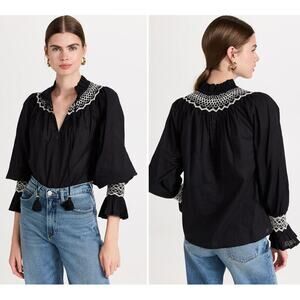 Figue Charlie Top Black Long Sleeve Embroidered Blouse‎ Size XL
